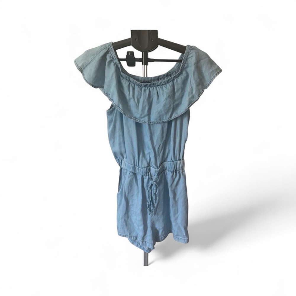 Women’s Light Blue Ruffle Jumpsuit Size Small Off Shoulder Casual‎